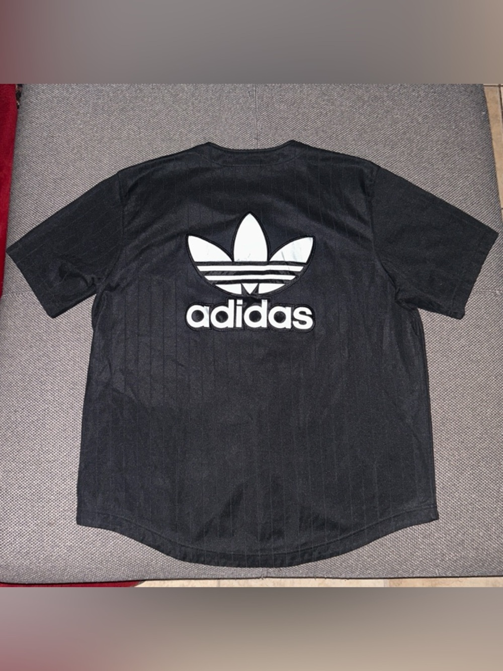 Adidas Originals Black Trefoil Logo Black Pinstripe Baseball Jersey